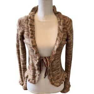 Tashia London Cashmere Ruffle Trim Cardigan Sweater Brown Cream S